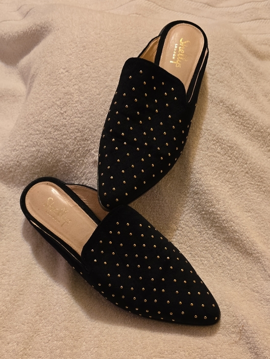 Shellys London Shoes - Shellys London Black Velvet Gold Studded Pointed Toe Mules 8.5